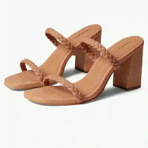Kaanas Braided Double-Strap Block Heel Mules in Tan